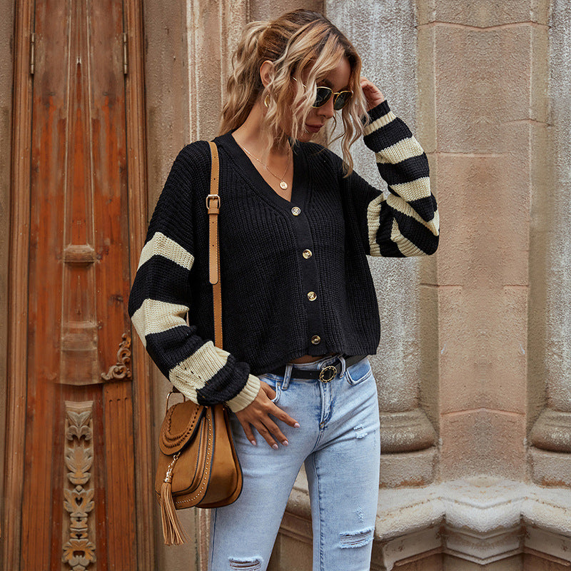 Cardydony Women's  Striped Sleeve Button-Up Knit Cardigan - Black and Cream