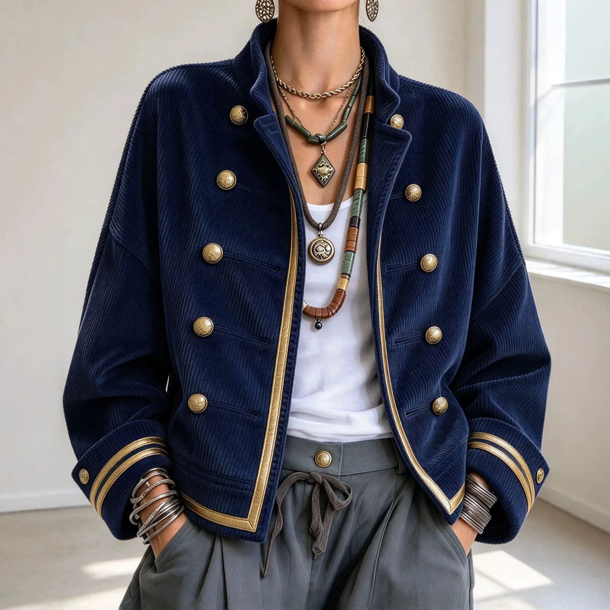 Cardydony Women's Fall Winter Cozy Napoleonic Stand-up Collar Gold Trim Double-breasted Button Corduroy Jacket