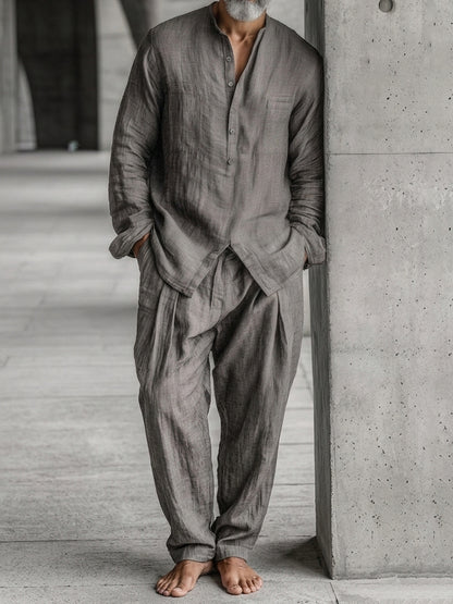 Cardydony Men's Linen Natural Style Simple Shirt And Pants Set