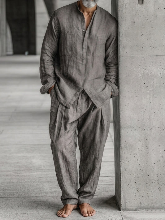 Cardydony Men's Linen Natural Style Simple Shirt And Pants Set