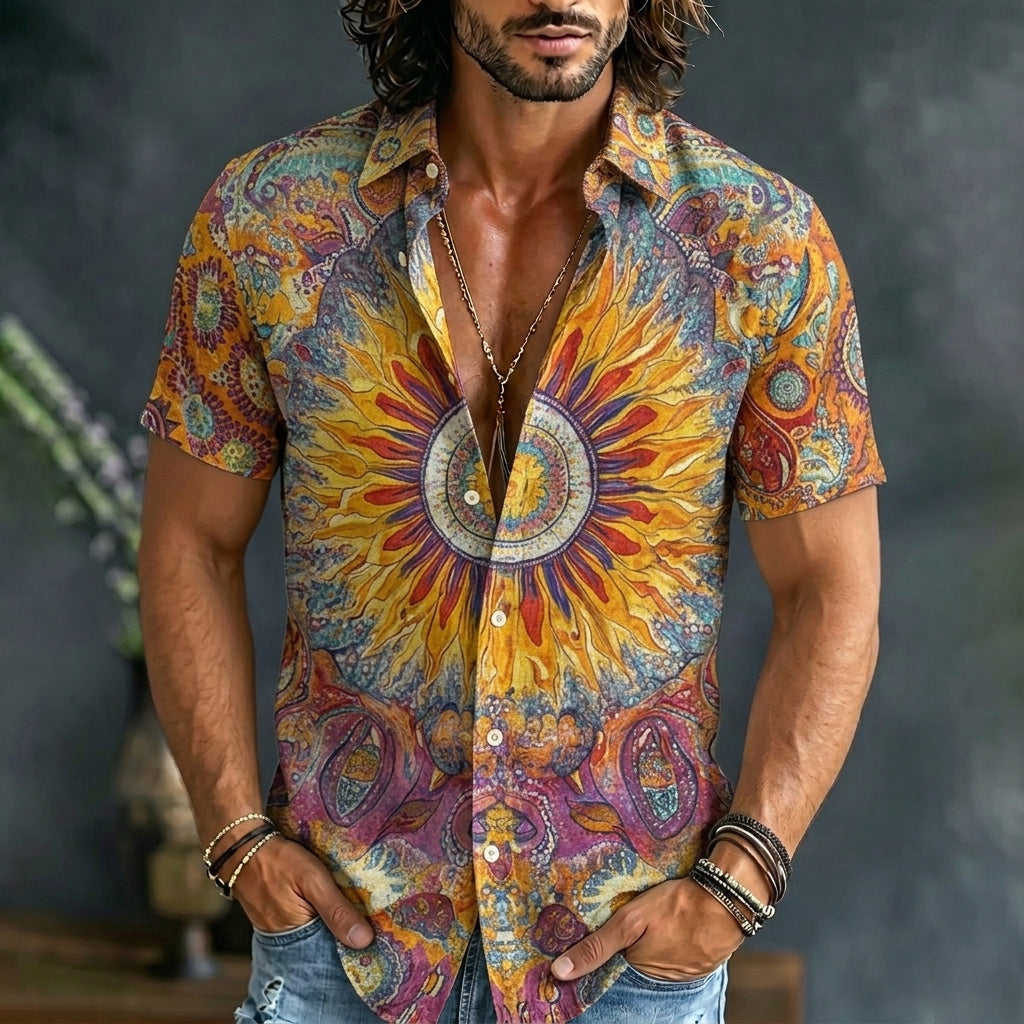 Cardydony Men's Hippie Sunflower Print Retro Tie-dye Short Sleeve Shirt