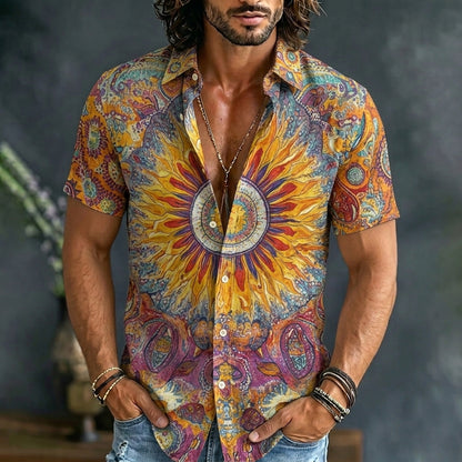 Cardydony Men's Hippie Sunflower Print Retro Tie-dye Short Sleeve Shirt