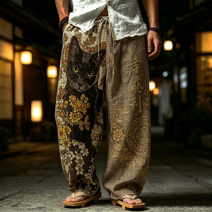 Cardydony Men's Japanese Art Floral, Cat And Calligraphy Printed Casual Trousers
