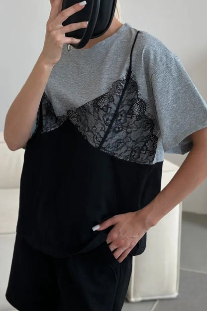 Cardydony Women's Fashionable Lace Patchwork Loose-fitting Round Neck Short-sleeved T-shirt
