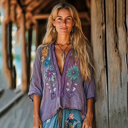 Cardydony Retro Boho Floral Tribal Embroidery Print Cotton And Linen Blend Loose Blouse
