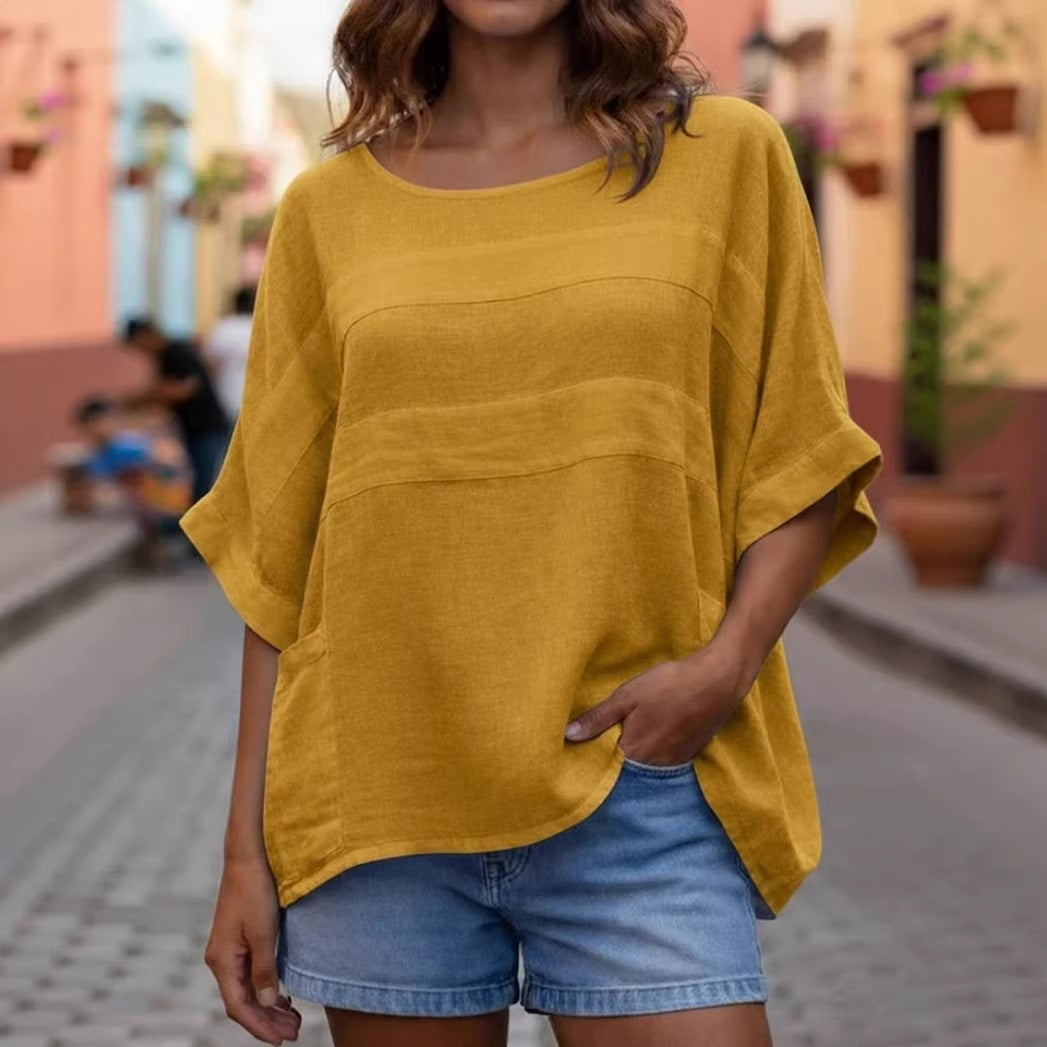 Cardydony Women's Round Neck Three-quarter Sleeve Casual Loose Top