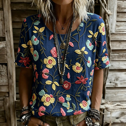 Cardydony Women's Vintage Floral Design Linen Casual T-shirt