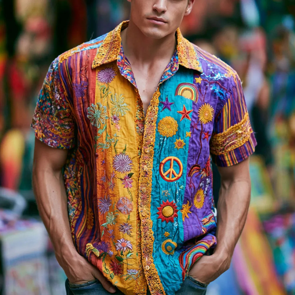 Cardydony Men's Peace Symbol And Floral Art Hippie Embroidered Patchwork Casual Short Sleeve Shirt