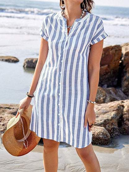 Cardydony Women's Striped Print V-neck Short Sleeve Midi Shirt Dress