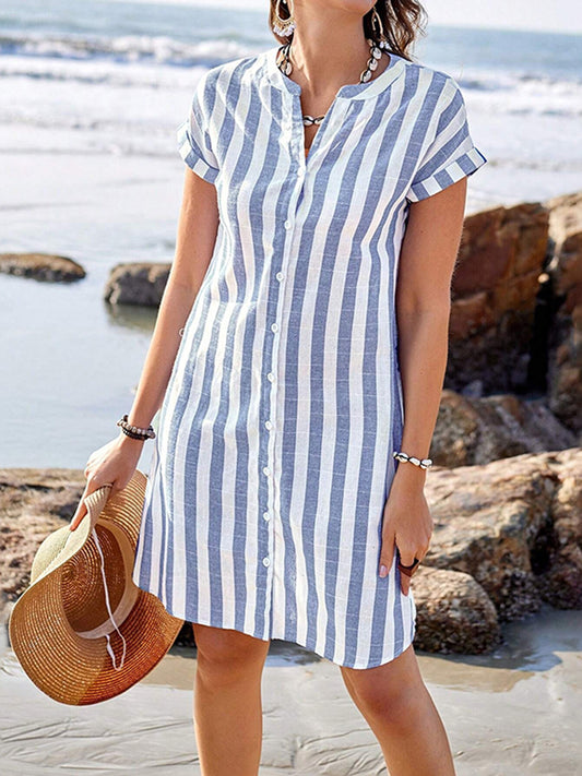 Cardydony Women's Striped Print V-neck Short Sleeve Midi Shirt Dress