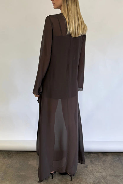 Cardydony Women's  Fashionable Mesh See-through Round Neck Long Sleeve Tie Bow Slit Maxi Dress