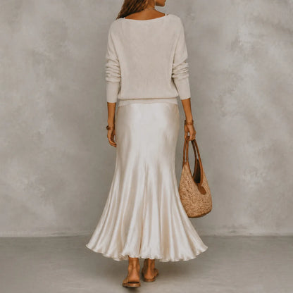 Cardydony Elegance Long-sleeved Knit Top + Satin Slip Dress Two-piece Set