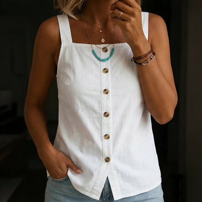 Cardydony Women's Vintage Simple Buttons Cotton Linen Sleeveless Top