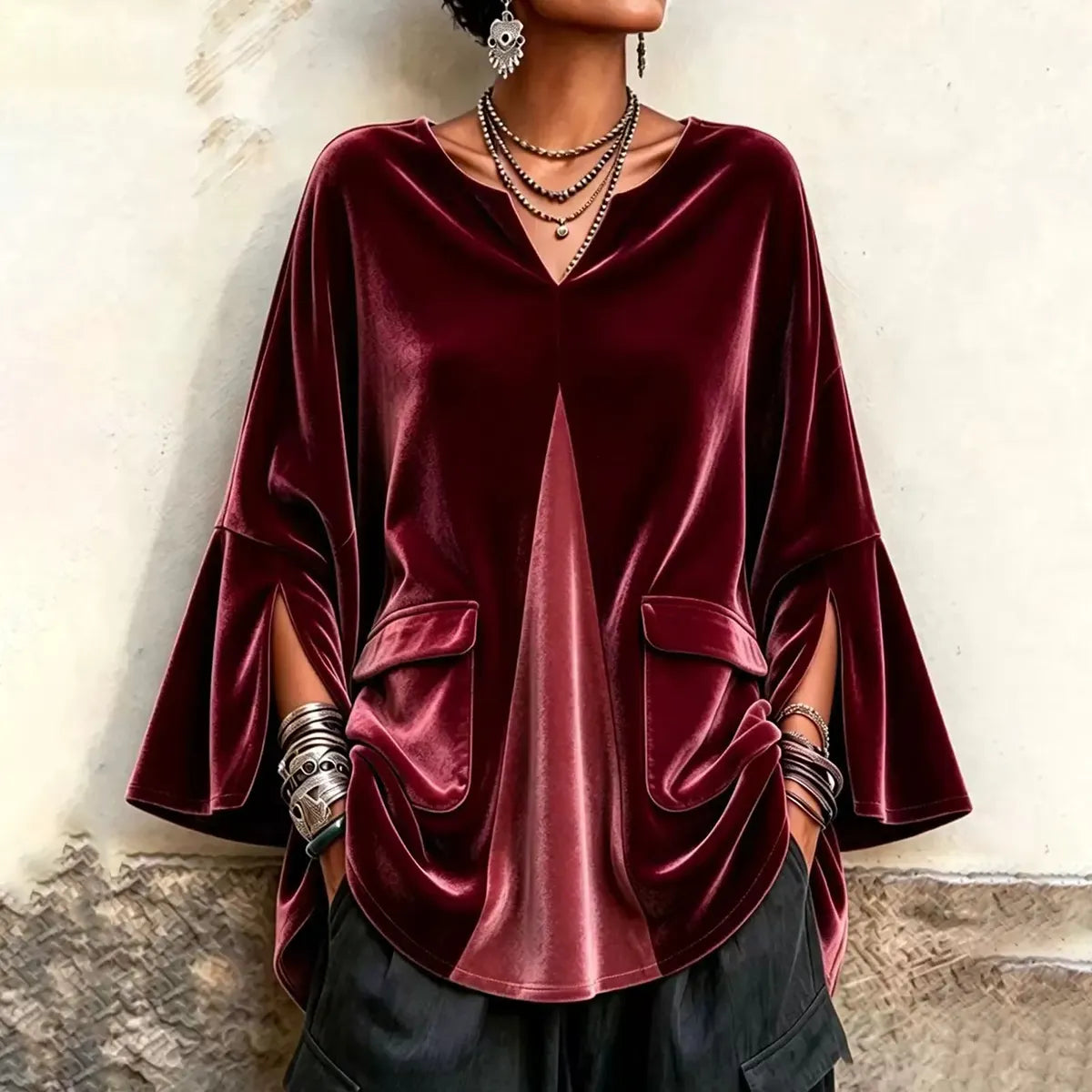 Cardydony Women's Fall Winter Cozy Elegant V-neck Olive Velvet Tunic Top