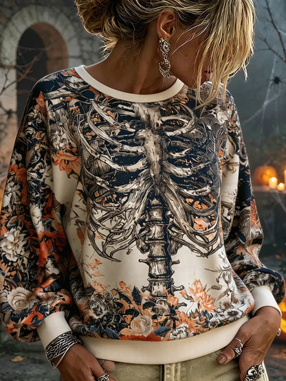 Cardydony Women's Retro Floral Skull Rib Print Long-sleeved Halloween Casual Top