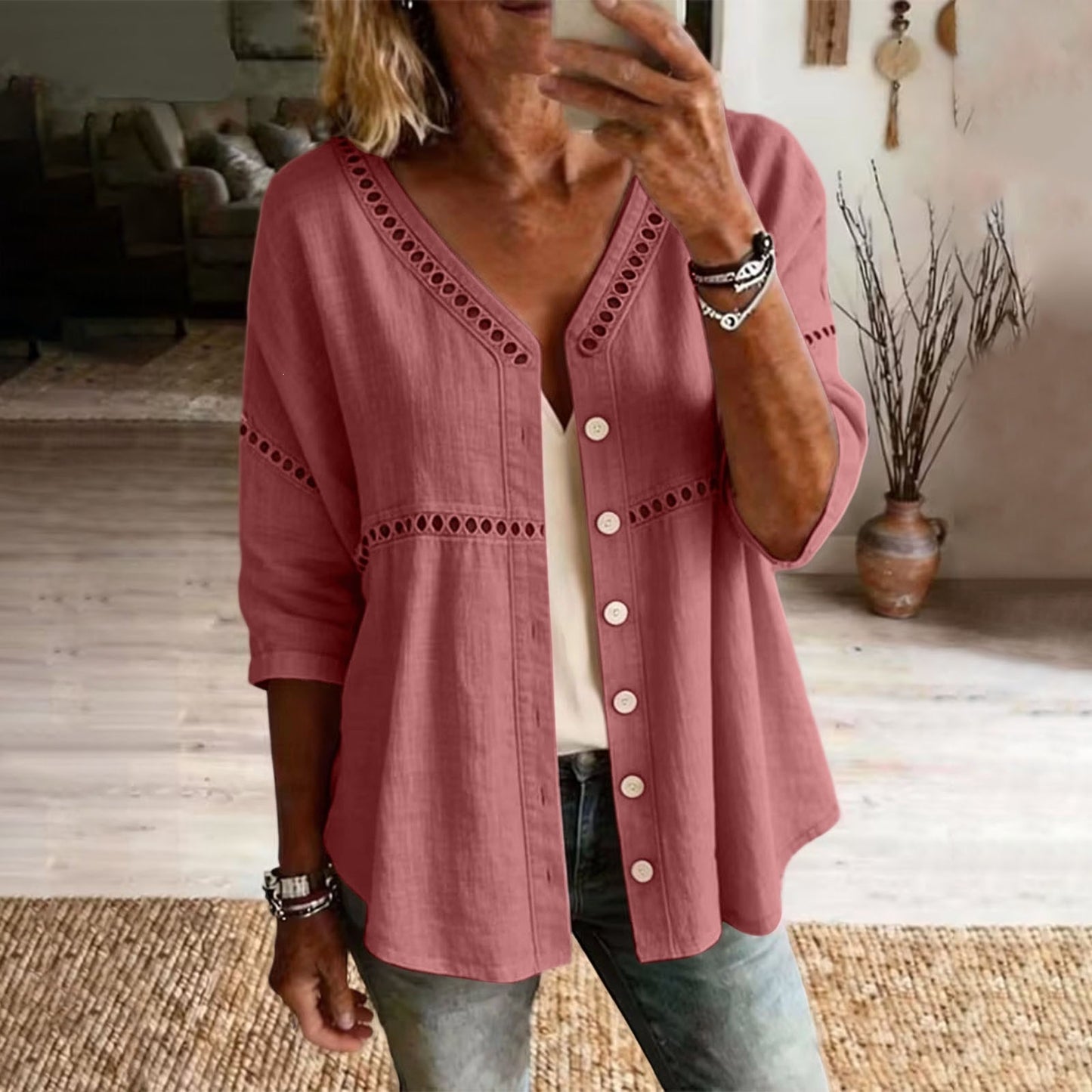Cardydony Women's Solid Color Openwork Lace Patchwork Comfortable Linen Blend Cardigan