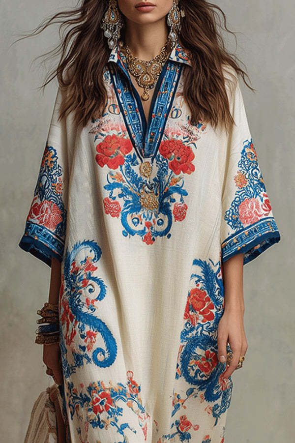 Cardydony Women's  Unique Print Loose V-Neck Casual Slit Maxi Dress