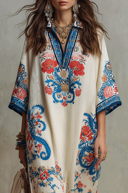 Cardydony Women's  Unique Print Loose V-Neck Casual Slit Maxi Dress