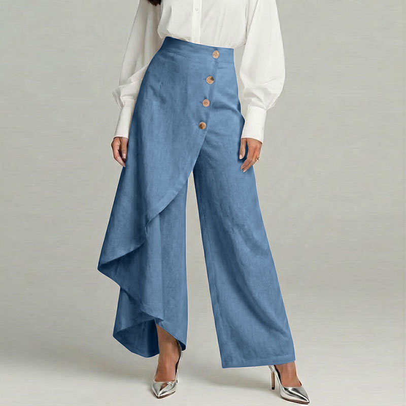 Cardydony Women's Casual Retro Irregular Ruffles Button Cotton And Linen Pants