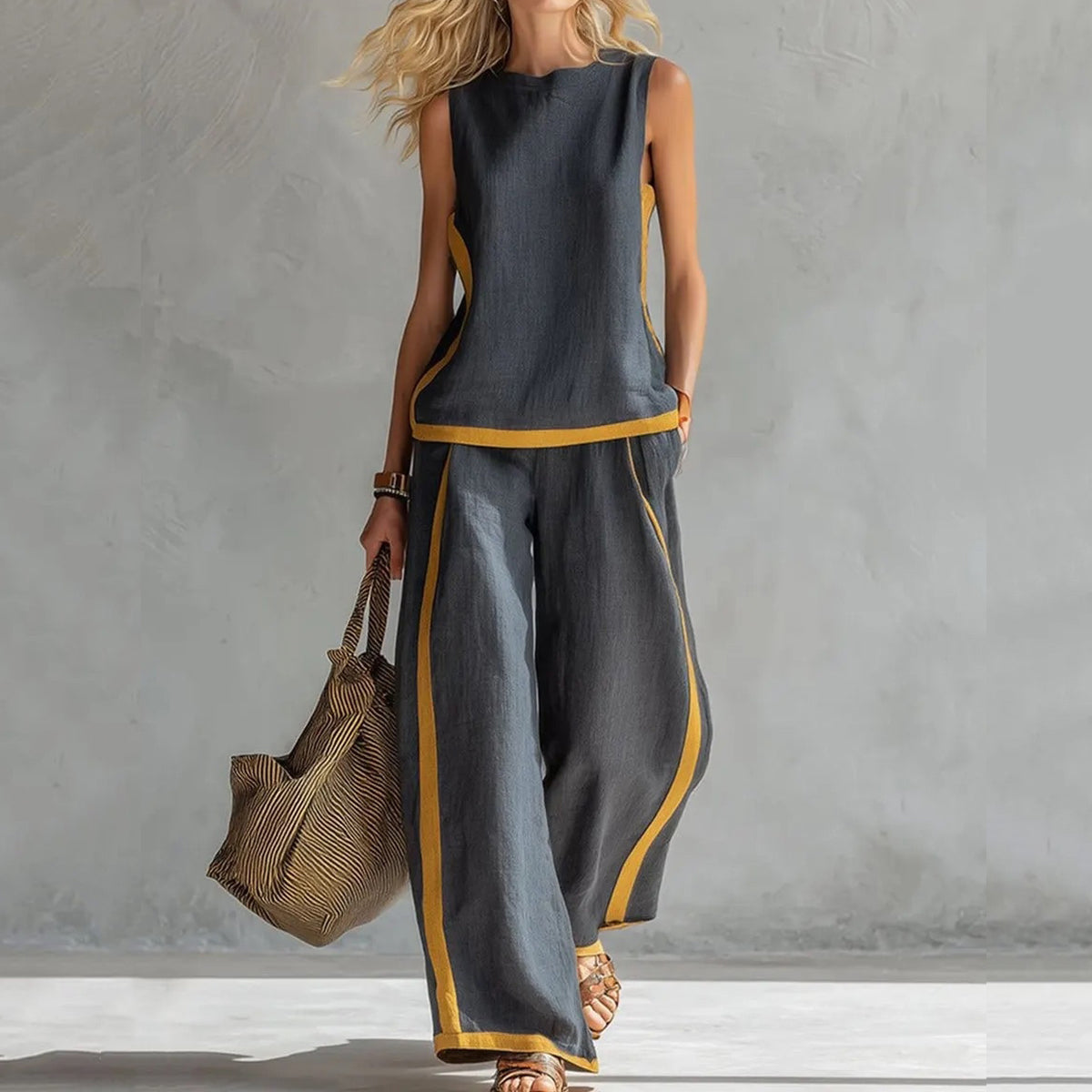 Cardydony Women's Solid Color Color Blocked Vest Long Pants Two Piece Set