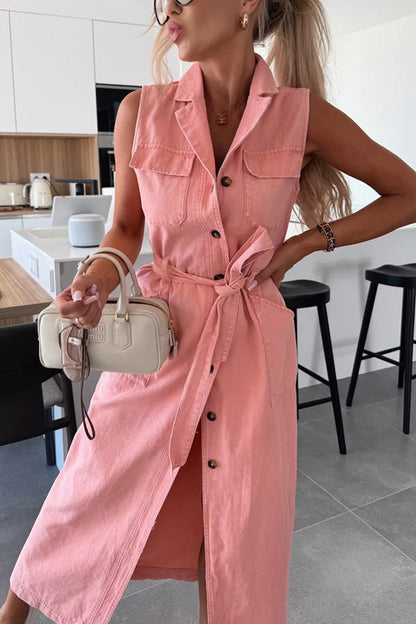 Cardydony Women's Solid Color Sleeveless Single Breasted Waist Tie Casual Pocket Denim Midi Dress