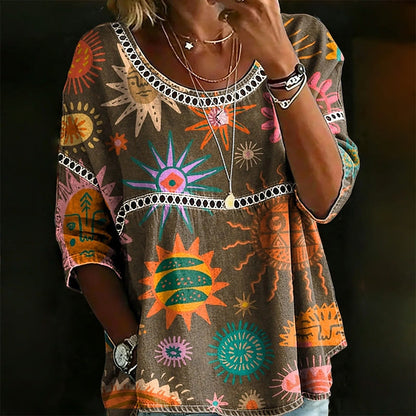 Cardydony Women's Retro Hippie Style Printed Cotton Linen Casual T-shirt