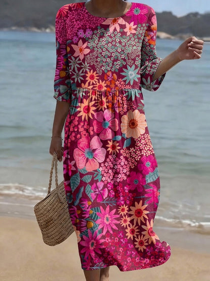 Cardydony Women's Retro Floral Pattern Casual Mid-sleeve Dress