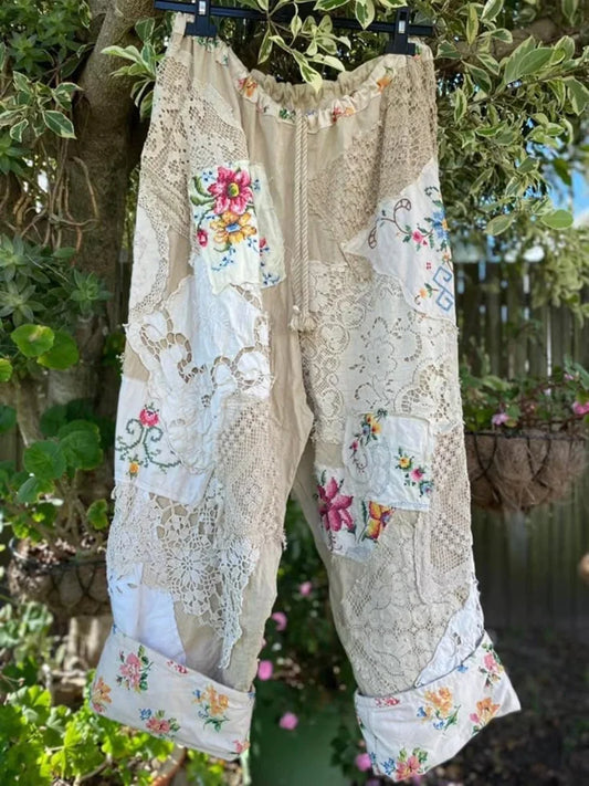 Cardydony Vintage Floral Lace Patchwork Fabric Casual Wide-leg Pants