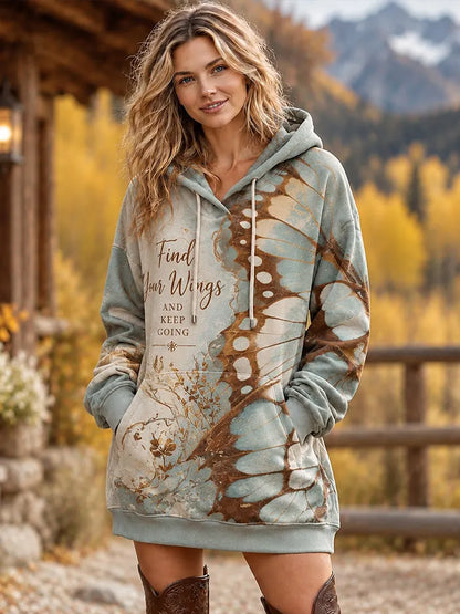 Cardydony Women's Vintage Boho Butterfly Wing Print Oversized Long Hooded Sweatshirt