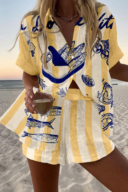 Cardydony Women's Sardine Can Print Loose Button Elastic Waist Shorts Set