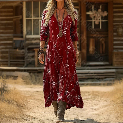 Cardydony Women Abstract V Neck Printing Vintage Spring/fall Daily Maxi H-line Dress