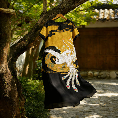 Cardydony Phoenix Japanese Traditional Contrast Art Flowy Linen Maxi Dress