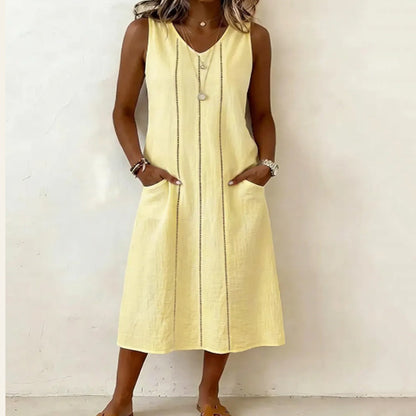 Cardydony Women's Solid Color V-neck Sleeveless Vest Midi Dress
