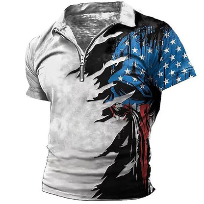 Cardydony Men's Vintage American Flag Veterans Print Zipper Up Polo Shirt