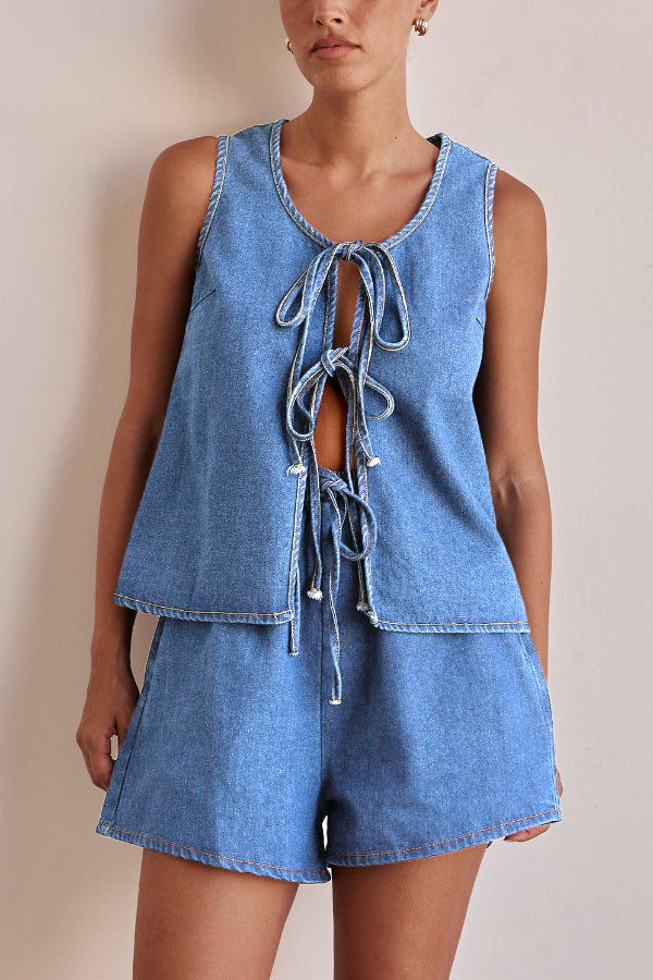 Cardydony Women's  Stylish Sleeveless Round Neck Tie-up Casual Denim Vest