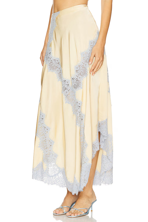 Cardydony Women's Wine Tasting Contrast Color Satin Lace Trim Irregular Hem Drape Midi Skirt