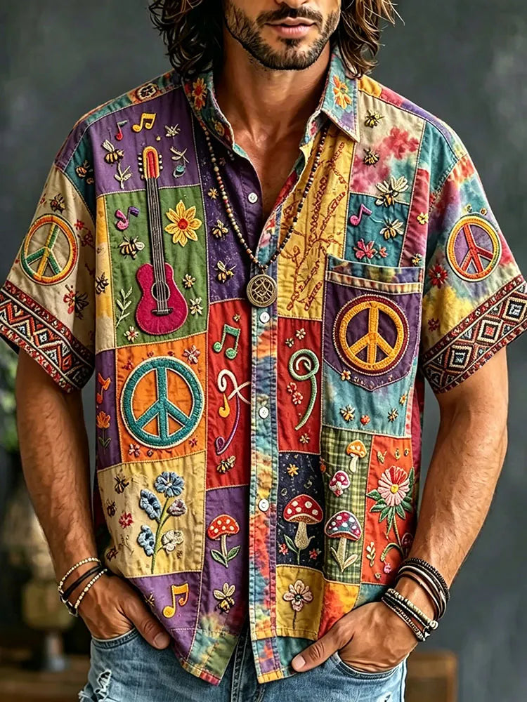 Cardydony Men's Peace Sign And Guitar Hippie Patchwork Print Casual Shirt