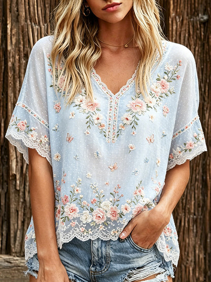 Cardydony Women's Floral And Butterfly Embroidered Art Comfortable V-neck T-shirt