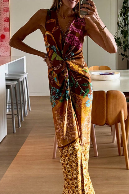 Cardydony Women's Naturally Inspired Satin Unique Floral Print Twist Waist Slit Drape Maxi Dress