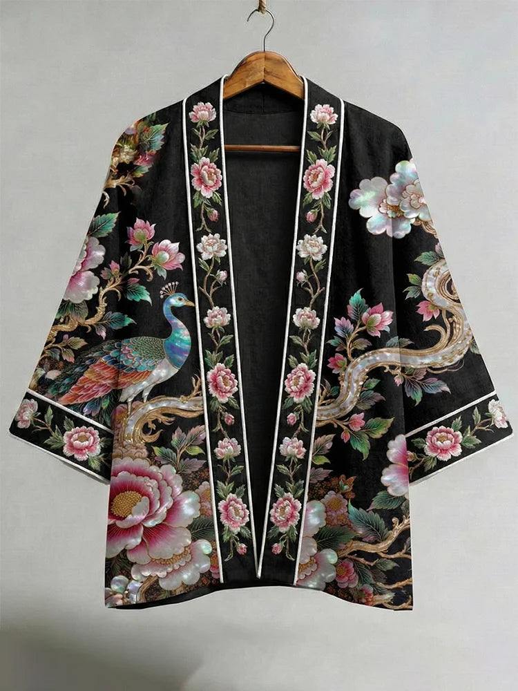 Cardydony Japanese Peacock And Floral Motif Art Linen Kimono
