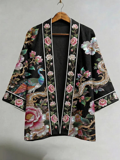 Cardydony Japanese Peacock And Floral Motif Art Linen Kimono