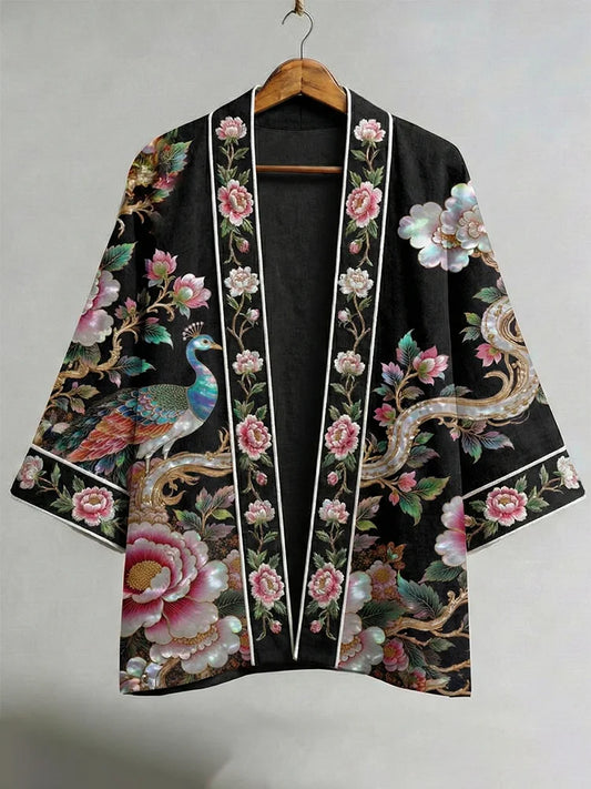 Cardydony Japanese Peacock And Floral Motif Art Linen Kimono