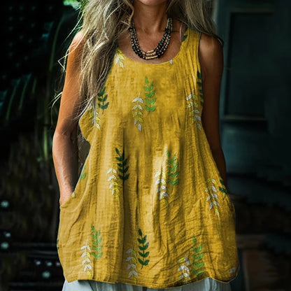 Cardydony Women's Retro Loose Bohemia Vintage Leaf Art Style Linen Suspender Sleeveless Top