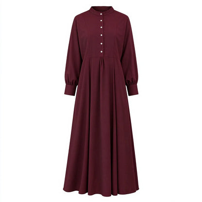 Cardydony Women's Vintage Solid Stand Collar Button Front A-Line Maxi Dress