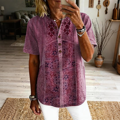 Cardydony Women's Vintage Ethnic Floral Art Print Casual Short-sleeve Shirt