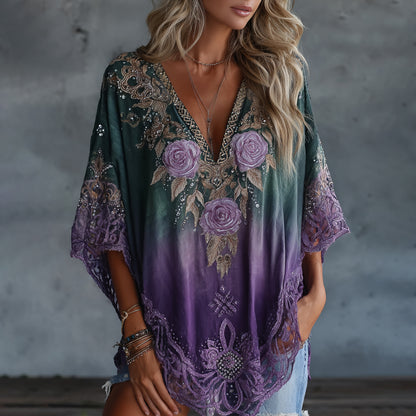 Cardydony Women's Vintage Celtic Knot Floral Gradient Art Flowy Linen Blend Casual Tops