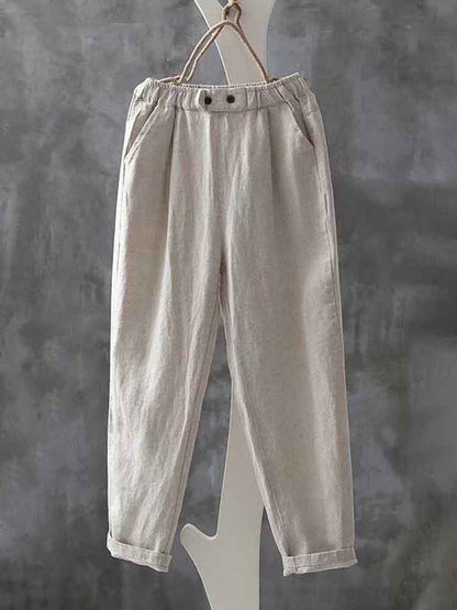Cardydony Women's Simple Linen Blend Elastic Waist Casual Pants