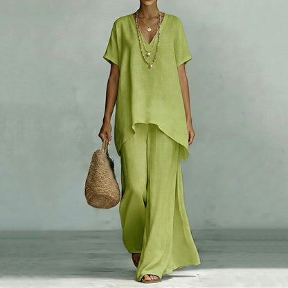 Cardydony Linen V-neck Short-sleeved Loose Top And Wide-leg Pants Two-piece Set