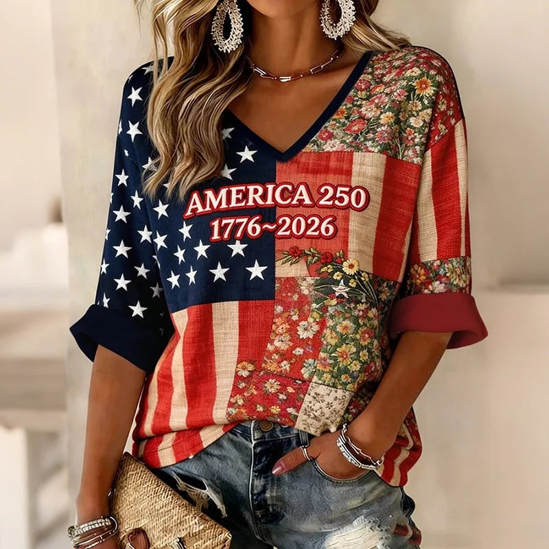 Cardydony Women's American 250th Anniversary Art Print Casual V Neck Linen Tops
