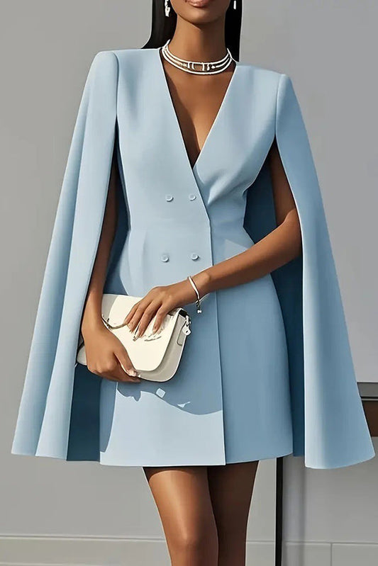 Cardydony Women's Solid Color V-Neck Double Breasted Cape Formal Mini Dress